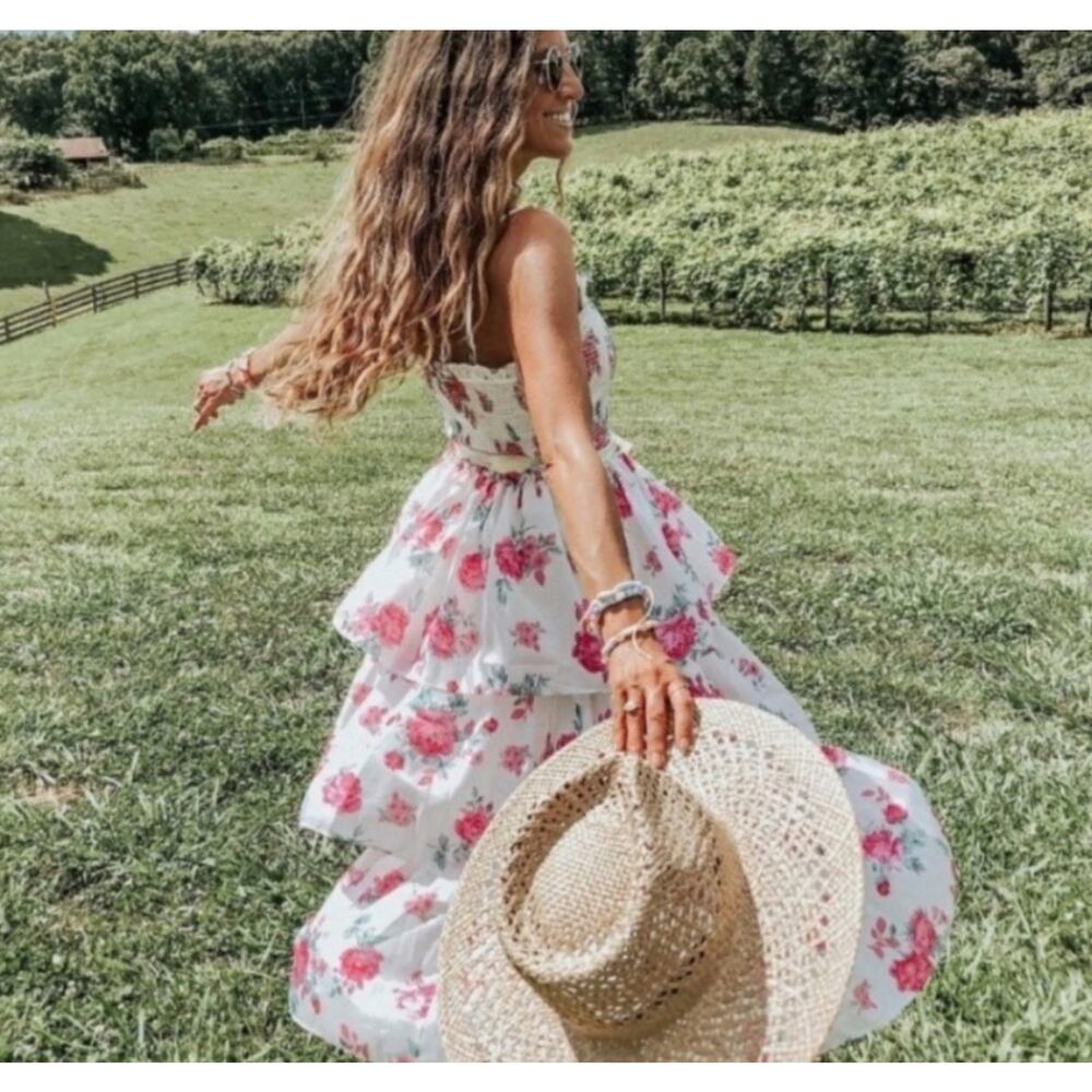 LoveShackFancy Elise Smocked Tiered Dress Floral White Pink Ruffle NOWT